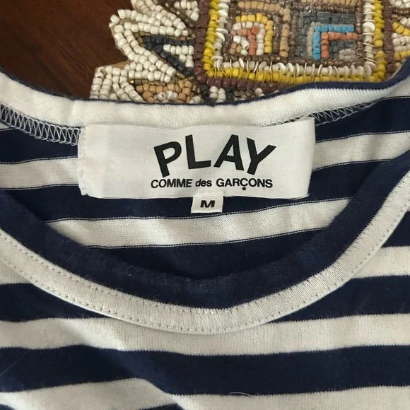 Comme Des Garçons Play Heart Appliquéd Blue Striped T-shirt Medium - Picture 2 of 3